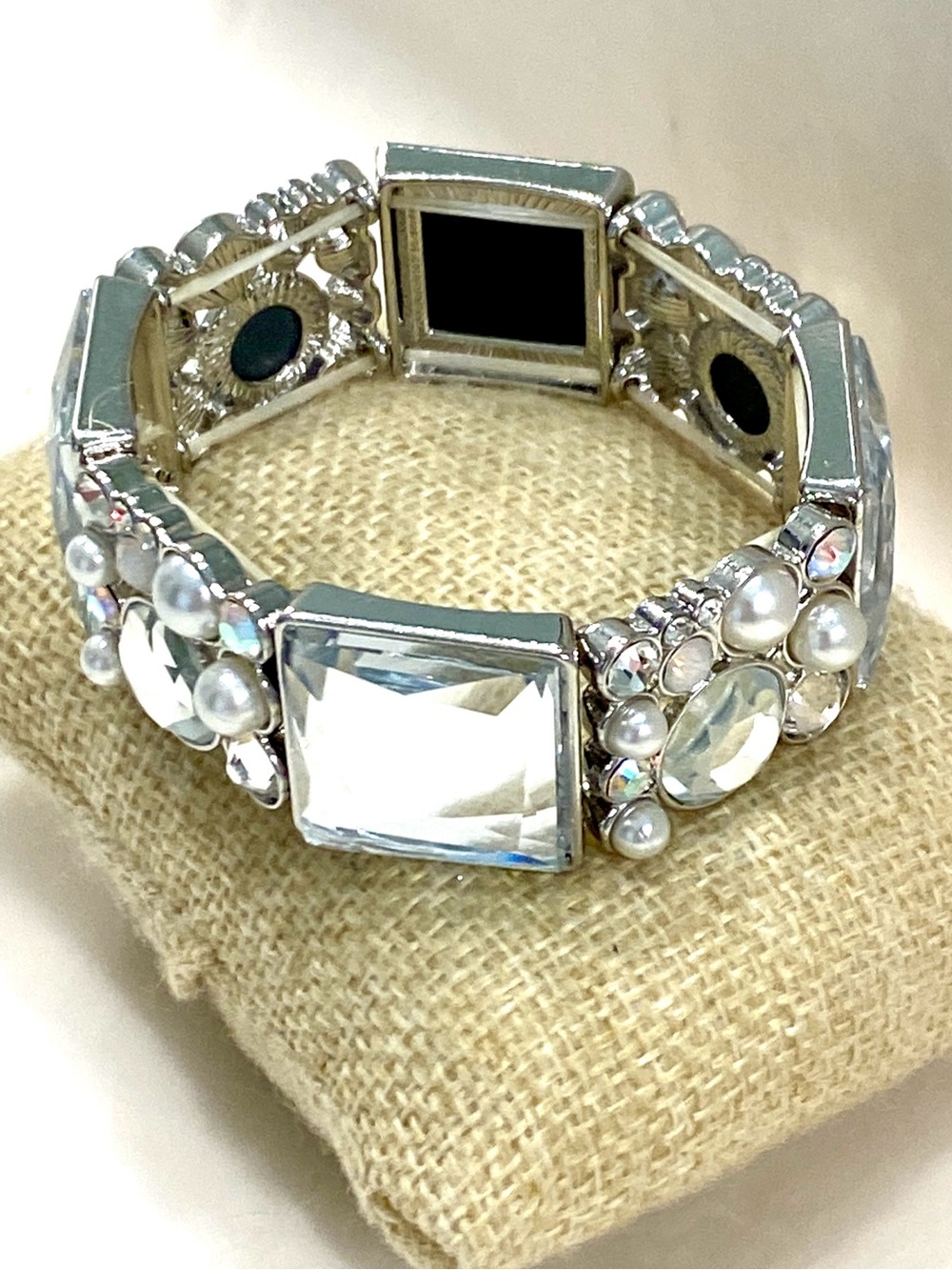 Clear Crystal Faux Pearl Silver Stretch Bracelet Statement Mixed Rhinestone Cuff